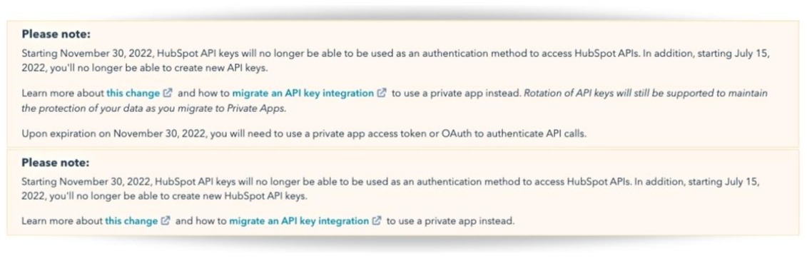 HubSpot security notices showing API keys will be phased out on November 30th and moving to private apps