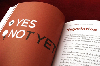 An open book showing two options, yes and not now, but the no for not is in different color font