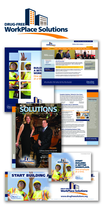 Drug-free Workplace Solutions vertical banner graphic showing a collection of screenshots and a cover of a Solutions magazine